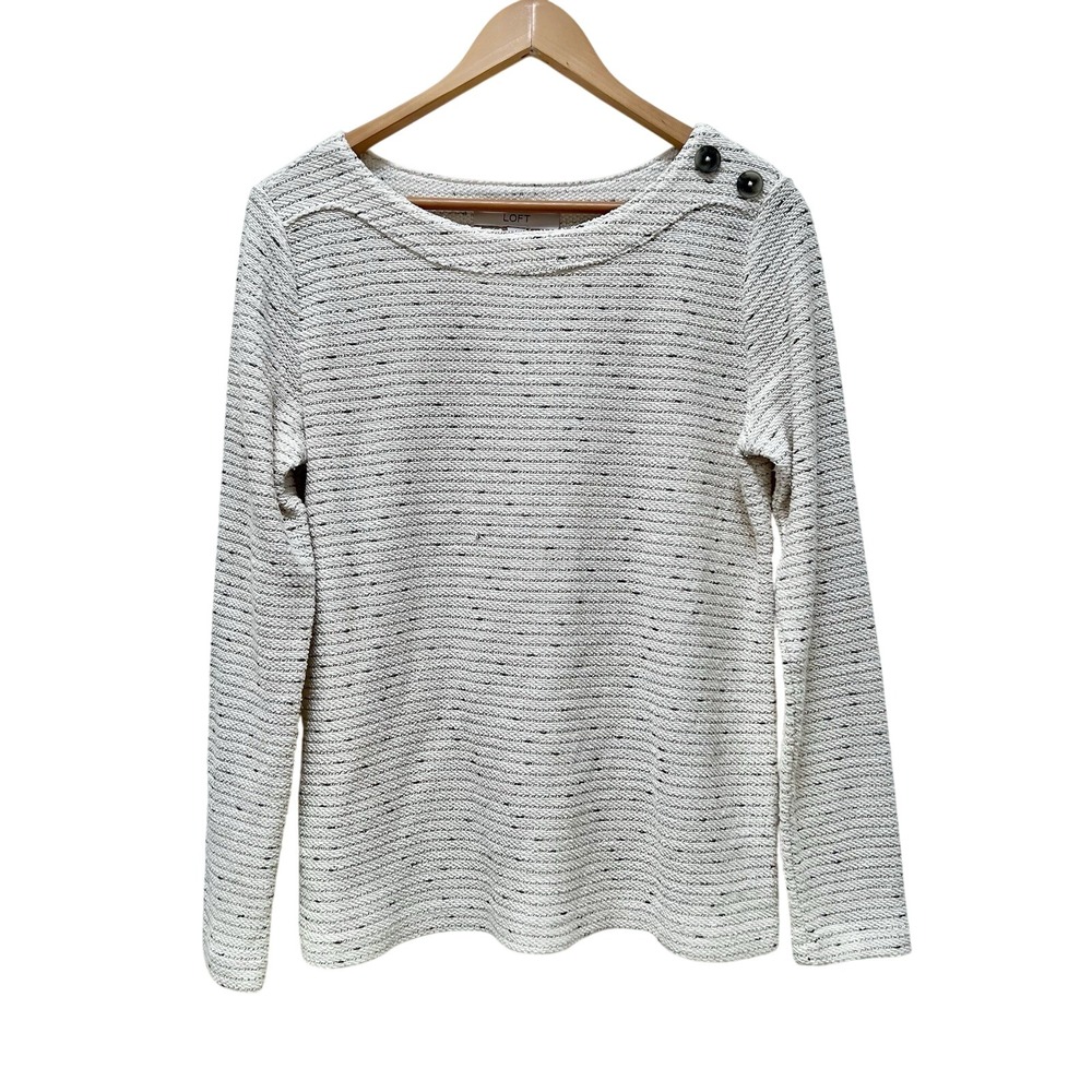 LOFT Women's Cream & Black Striped Long Sleeve Button Shoulder‎ Top